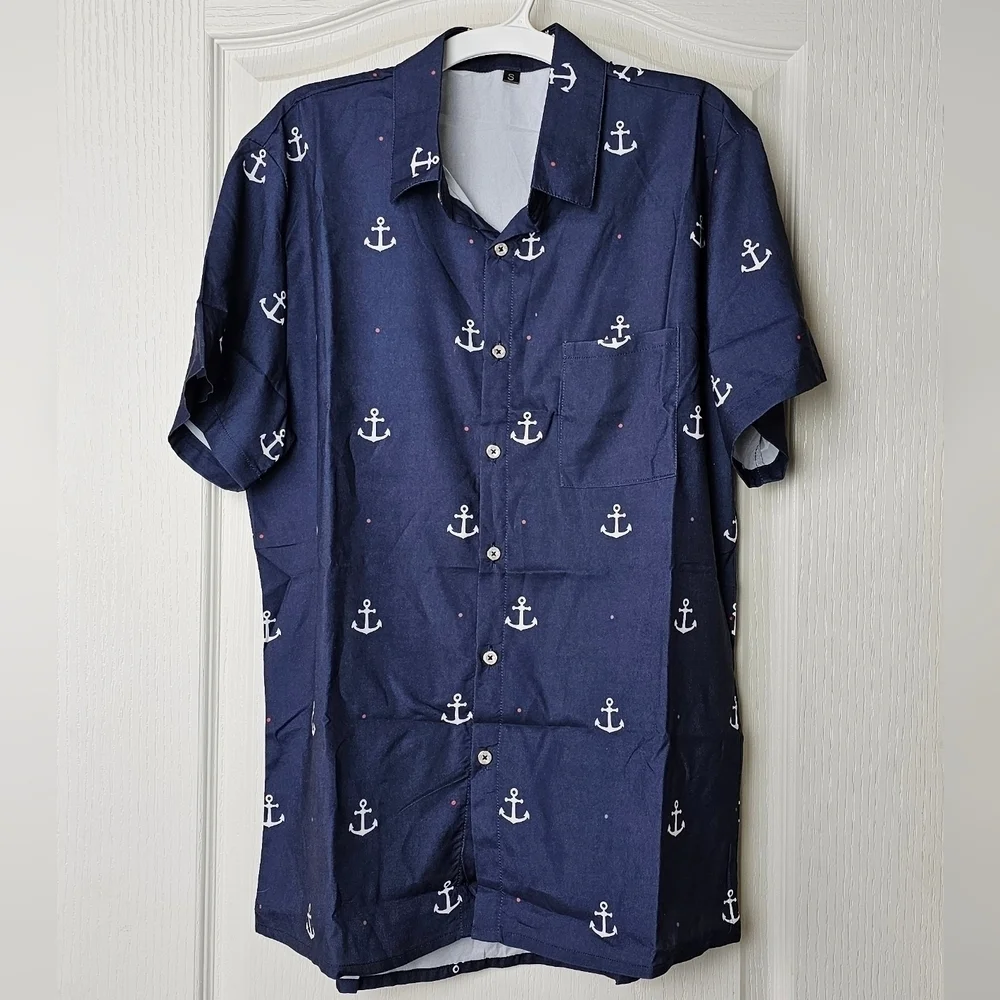 KYKU Men's Button Down Short Sleeve Shirt, One Pocket | Navy with White Anchors